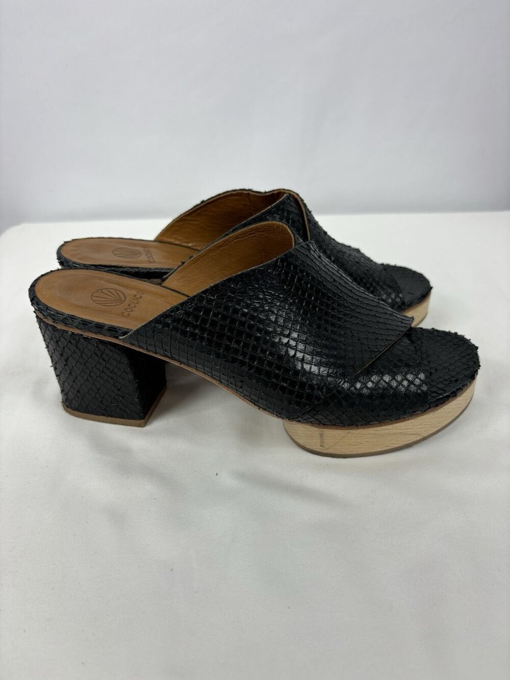 Coclico Richie Platform Sandals Black Snakeskin Snake 8 38.5 Block Heel